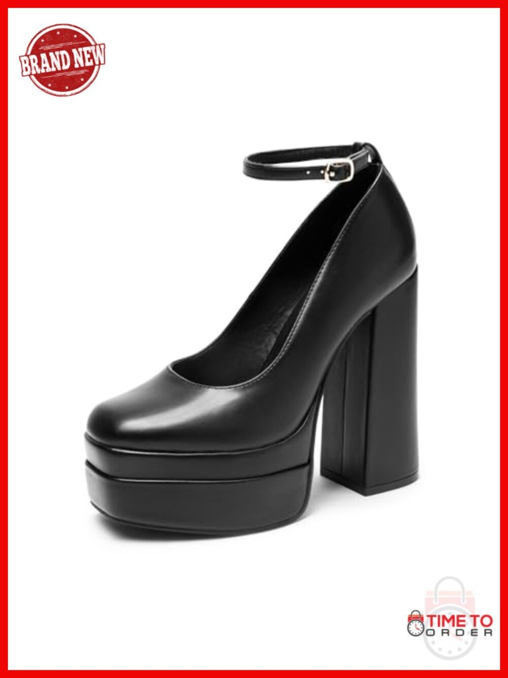 Mary Jane Platform Heel Pumps with Buckle Ankle Strap Square Toe
